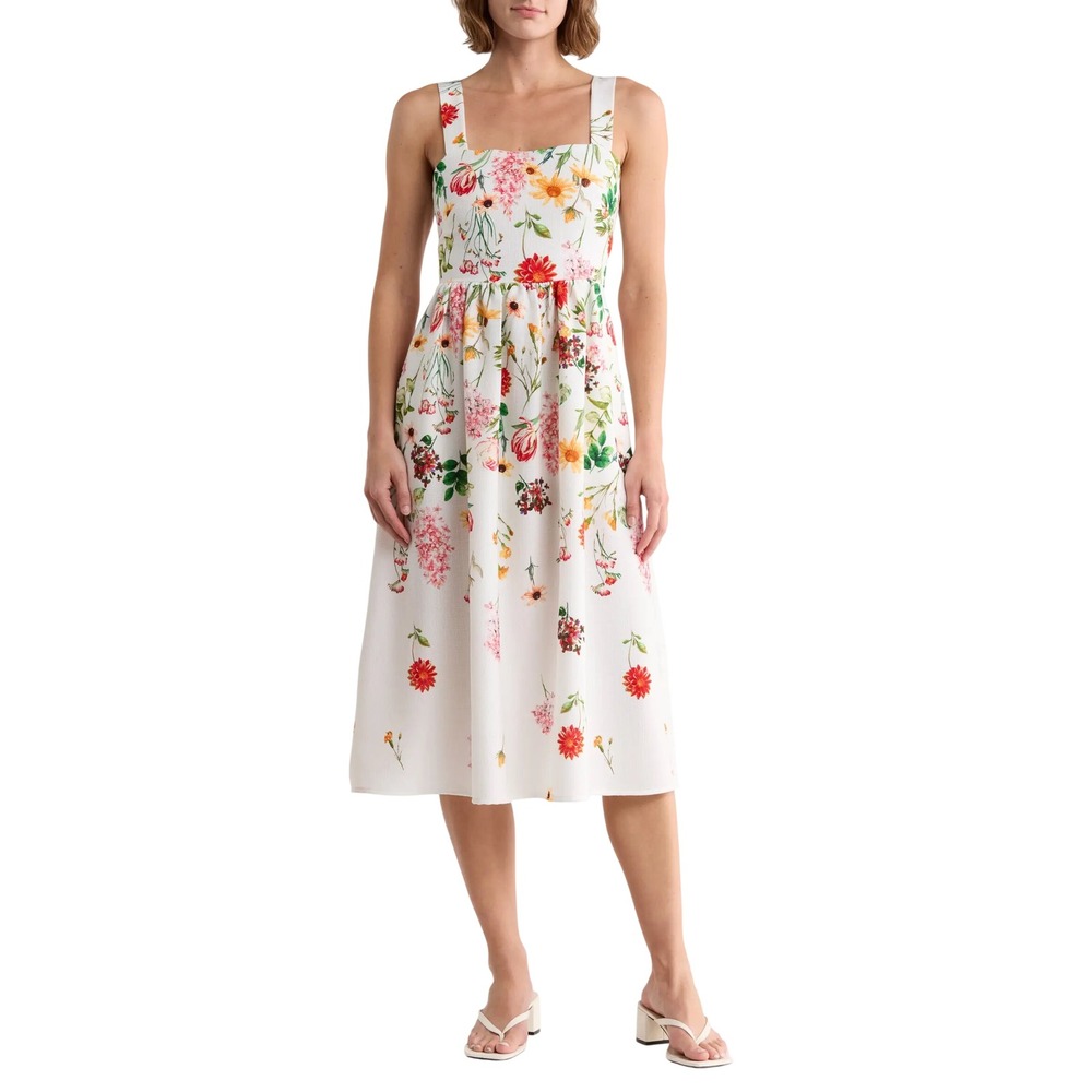 Eliza J Floral Square Neck Midi Ivory Multi Smocked Back Sundress Womens Size 8